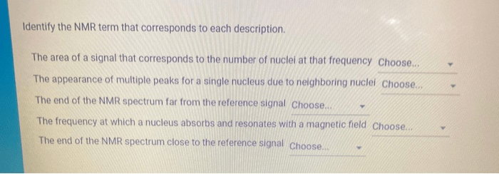 Identify the nmr term that corresponds to each description.